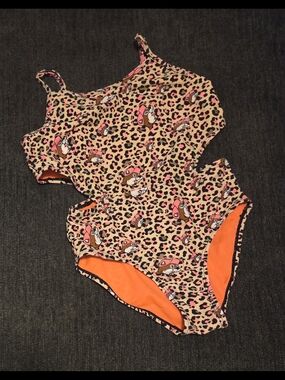 Girls' Pink Leopard Print One-Piece Swimsuit with Orange Lining